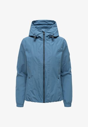 Sininen hupullinen takki, jossa vetoketju edessä, säädettävät nyörit hupussa, joustavat hihansuut ja sivutaskut.