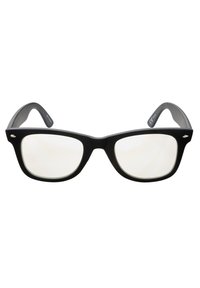 Gafas rectangulares negras con un acabado mate. Lentes planos, esquinas redondeadas y sutiles acentos en la montura. Sin patrones ni logotipos visibles.