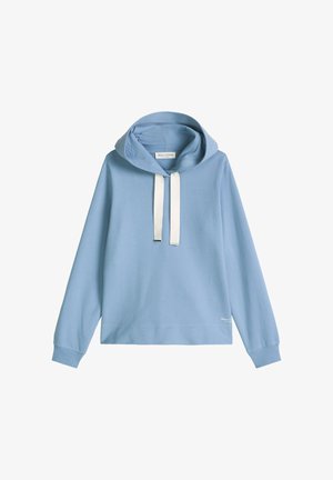 Hellblauer Hoodie mit langen Ärmeln, weißen Kordeln und einem kleinen "Marc O'Polo"-Logo nahe dem Saum auf der rechten Seite.