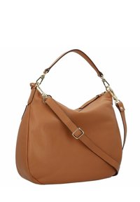 Borsa in pelle tawny con una forma morbida e arrotondata. Presenta una maniglia corta superiore e una tracolla lunga regolabile, hardware in tonalità oro e finitura testurizzata.