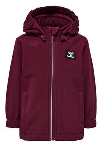 Bordeauxkleurige waterdichte jas met een capuchon, elastische manchetten en ritsluiting. Voorzien van een logo-label op de borst en zijzakken.