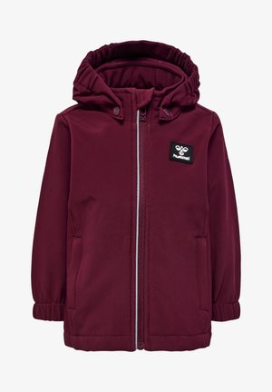 Maroon waterproof jacket with a hood, elastic cuffs, and zipper closure. Features a logo patch on the chest and side pockets.