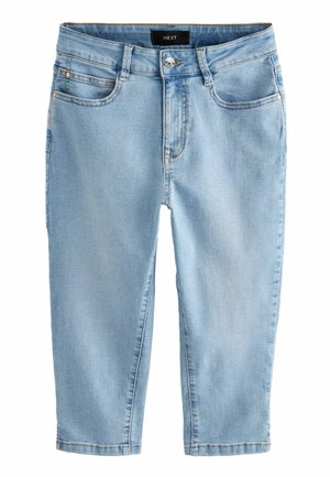 Lyseblå denim kort jeans med fem lommer, en frontknap, lynlåslukning, bæltestropper og et sort mærke på linningen.