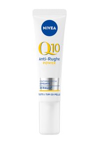 Crema contorno occhi NIVEA Q10 Anti-Rughe Power in un tubo bianco. Presenta scritte blu e gialle, dettagli argentati e un tappo bianco avvitato. Progettata per tutti i tipi di pelle.