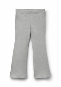 Szare dzwony legginsy wykonane z miękkiego, elastycznego materiału o gładkiej strukturze i szerokim pasie, charakteryzujące się czystym, prostym designem.