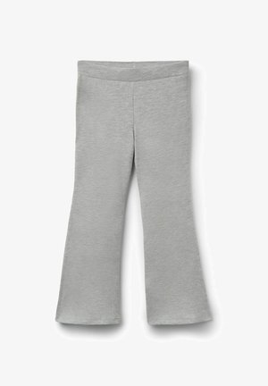 Leggings grigi a zampa d'elefante realizzati in tessuto morbido e elasticizzato, con una texture liscia e una cintura larga, caratterizzati da un design pulito e semplice.