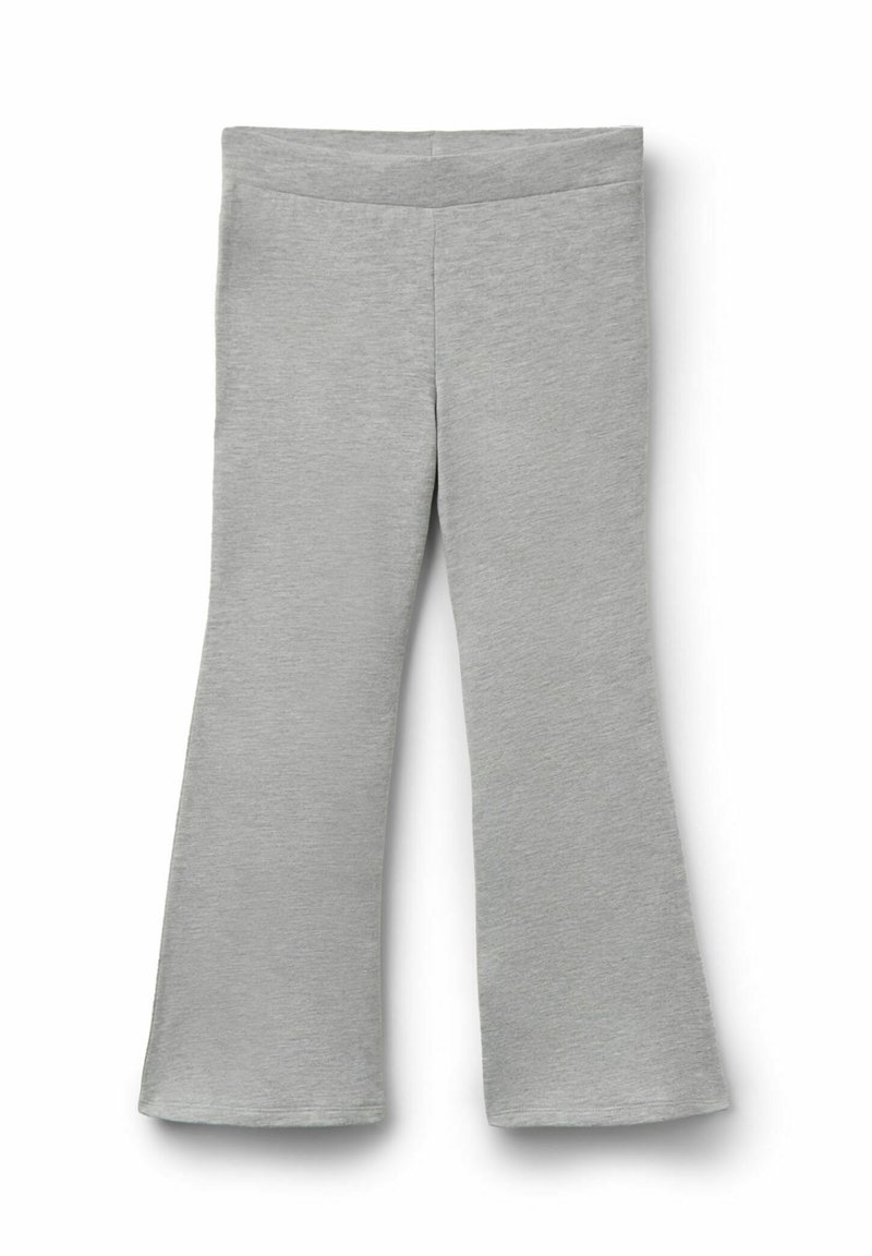 Szare dzwony legginsy wykonane z miękkiego, elastycznego materiału o gładkiej strukturze i szerokim pasie, charakteryzujące się czystym, prostym designem.
