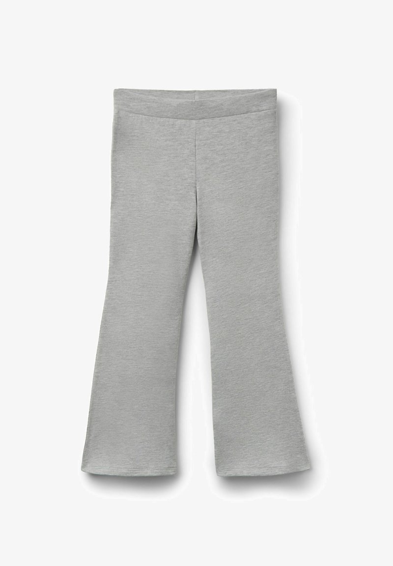 Graue Glockenhosen aus weichem, dehnbarem Stoff mit glatter Textur und breitem Bund, ausgestattet mit einem klaren, schlichten Design.