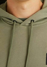 Felpa verde oliva con cappuccio regolabile, morbido al tatto e con un logo nero ben visibile nella zona del petto.