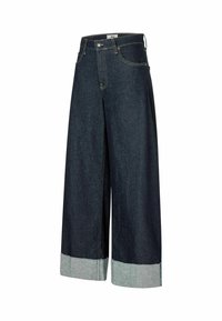 Pantalons en denim à jambes larges de couleur bleu foncé avec une texture lisse, présentant des poignets de couleur claire et un design classique à cinq poches.