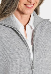 Grauer Reißverschluss-Pullover mit gerippter Textur, hohem Kragen und einem metallischen Reißverschluss. Getragen über einem weißen Hemd mit Kragen. Glatter Stofffinish.