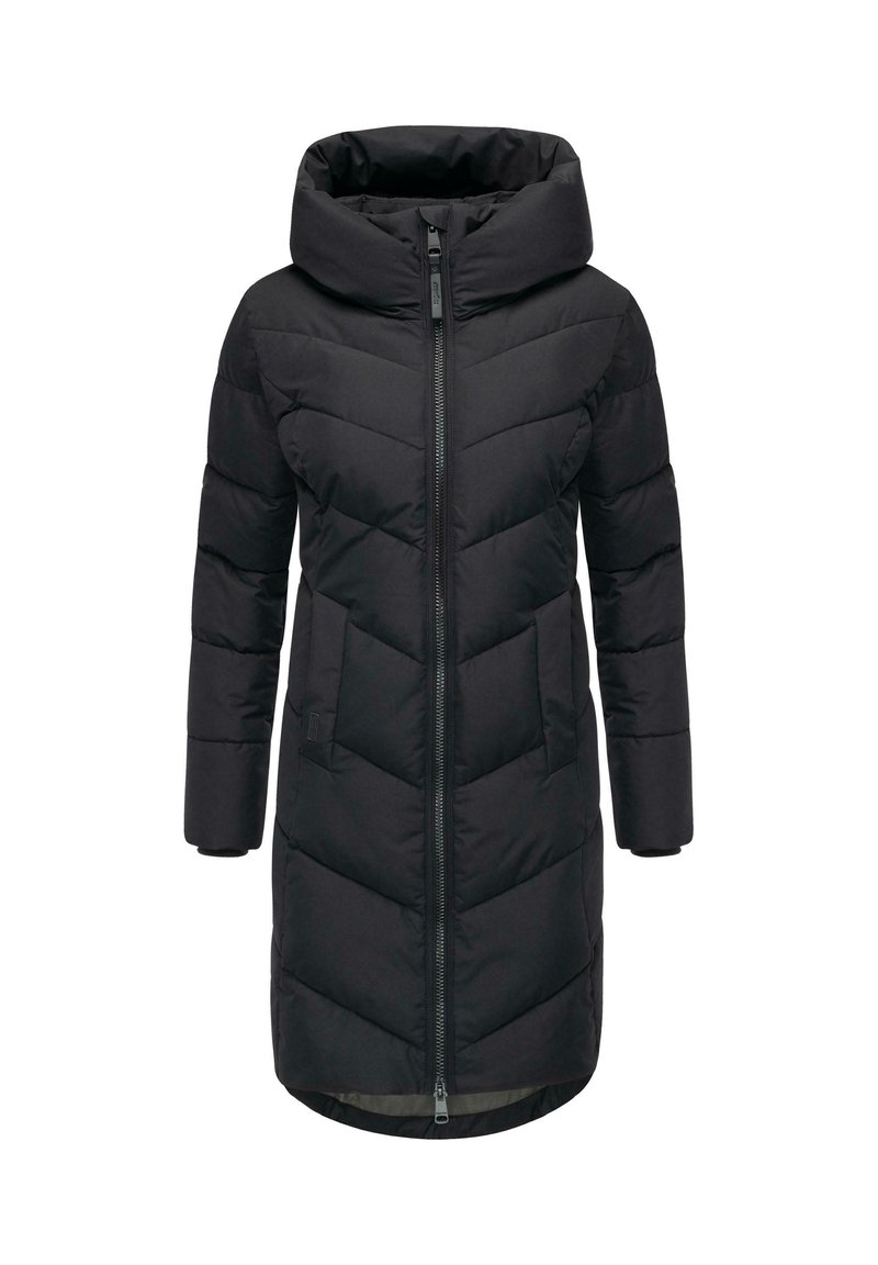 Cappotto imbottito nero con cappuccio, chiusura con zip, motivo a chevron sul corpo e maniche lunghe. Realizzato in un materiale morbido e isolante.