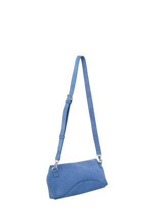 Blue suede crossbody bag with adjustable strap and silver metal buckle and clasps, rectangular shape with curved stitched detail.