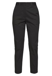 Czarne, dopasowane spodnie o wąskim kroju, wykonane z gładkiej tkaniny. Posiadają prosty przód, szlufki na pasek oraz zwężane nogawki dla nowoczesnej sylwetki.