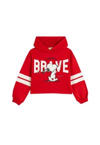 Felpa corta rossa in cotone, con una grafica bianca di Snoopy e il testo "BRAVE", accompagnata da due strisce bianche sulle maniche.