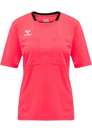 Roze sporttop met korte mouwen en zwarte halslijn, twee frontzakken en het Hummel-logo aan de linkerkant. Soepele, lichte stof.