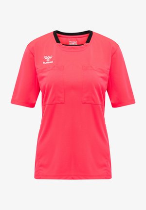 Rosa sports top med korte ærmer og sort halsudskæring, to forlommer og Hummel-logo på venstre side. Glat, letvægtsstof.