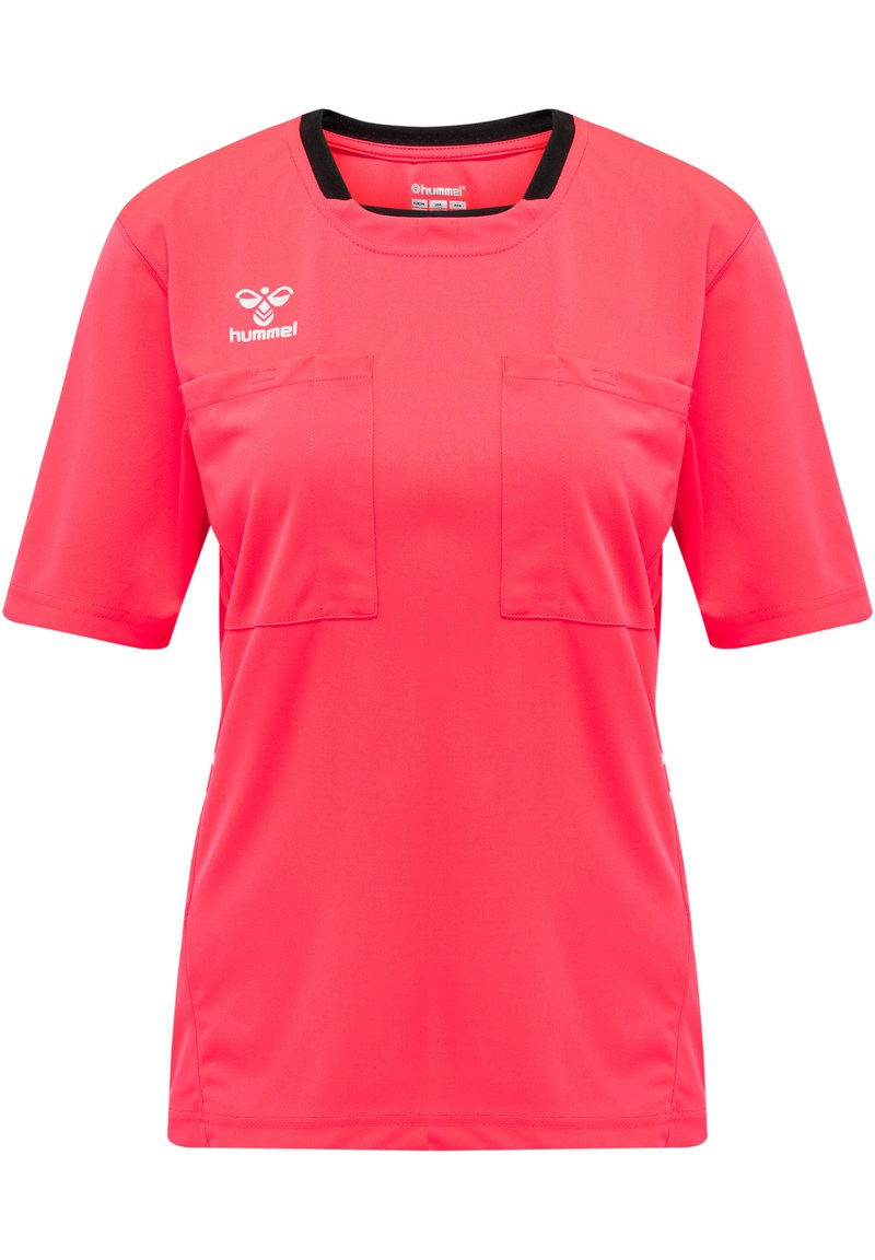 Roze sporttop met korte mouwen en zwarte halslijn, twee frontzakken en het Hummel-logo aan de linkerkant. Soepele, lichte stof.