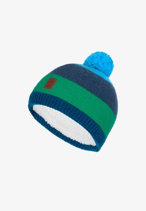 Knit beanie in blue, green, and navy stripes with a fluffy turquoise pom-pom on top; lined with soft, white fleece for warmth.