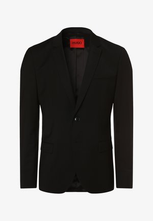 Black tailored blazer made from smooth fabric. Features a single button closure, notch lapels, and two front pockets. Red label inside.