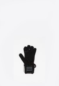 Guantes de punto negros con un diseño de lentejuelas coloridas. Incluyen un lazo en la muñeca y una etiqueta en el puño.