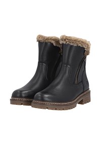 Schwarze Lederstiefeletten mit Kunstfellfutter, seitlichem Reißverschluss, strukturiertem Obermaterial und braunen Gummisohlen, die mit dekorativen Nähten versehen sind.