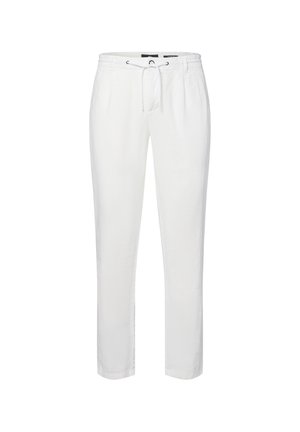 Weiße Leinenhosen mit geradem Schnitt, elastischem Bund und Kordelzugdetails. Verfügt über seitliche Taschen und eine leichte Textur.