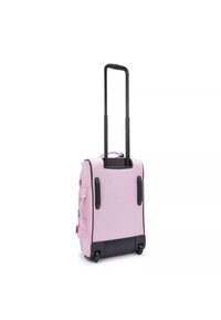 Valigia da viaggio rosa con ruote, manico nero retrattile, due maniglie laterali e dettagli neri alla base e alle ruote.