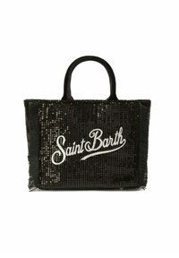 Borsa tote nera con paillettes e bordi frangiati, con la scritta "Saint Barth" in bianco. Materiale resistente e design strutturato con due manici.