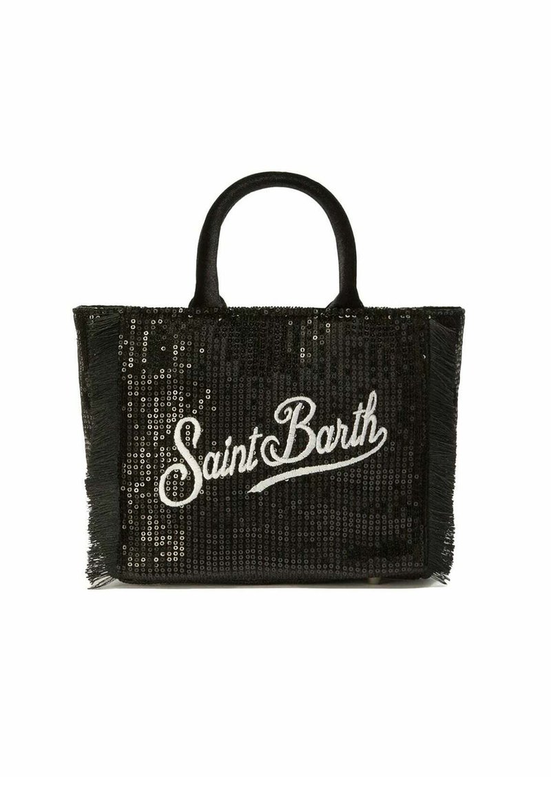 Borsa tote nera con paillettes e bordi frangiati, con la scritta "Saint Barth" in bianco. Materiale resistente e design strutturato con due manici.
