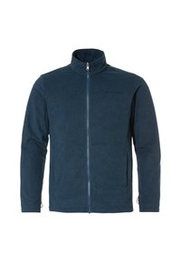 Dark blue fleece jacket with a high collar, full-length zipper, and logo on the upper left chest. Soft texture, long sleeves, side pockets.