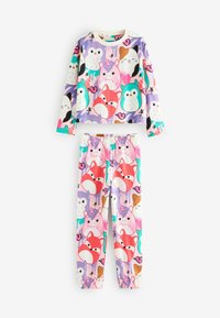 Tvådelad pyjamasset med mjukt tyg, färgglada djurmotiv, inklusive en långärmad topp och byxor med elastisk midja.