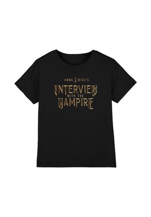 Schwarzes T-Shirt mit kurzen Ärmeln und goldener Schrift: "Anne Rice's Interview with the Vampire" in stilisierter gotischer Schrift.