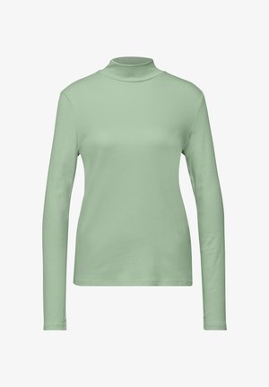 Chemise à col roulé à manches longues, vert clair, avec une texture côtelée ajustée, présentée sur un fond blanc.