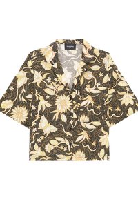 Maglietta a maniche corte con uno sfondo nero che presenta motivi floreali e farfalle in toni crema e giallo. Tessuto leggero e intrecciato.