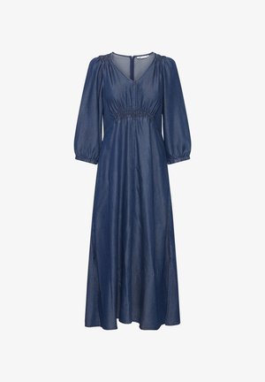 Tamsiai mėlyna džinsinė suknelė su V formos iškirpte, surinkta liemeniu ir ilgomis pūstomis rankovėmis. Medžiaga turi lygią tekstūrą ir sraigių midi ilgumo dizainą.