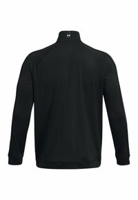 Suéter negro de manga larga con cuello alto, hecho de material sintético suave. Presenta mangas raglán y un pequeño logo en el cuello.