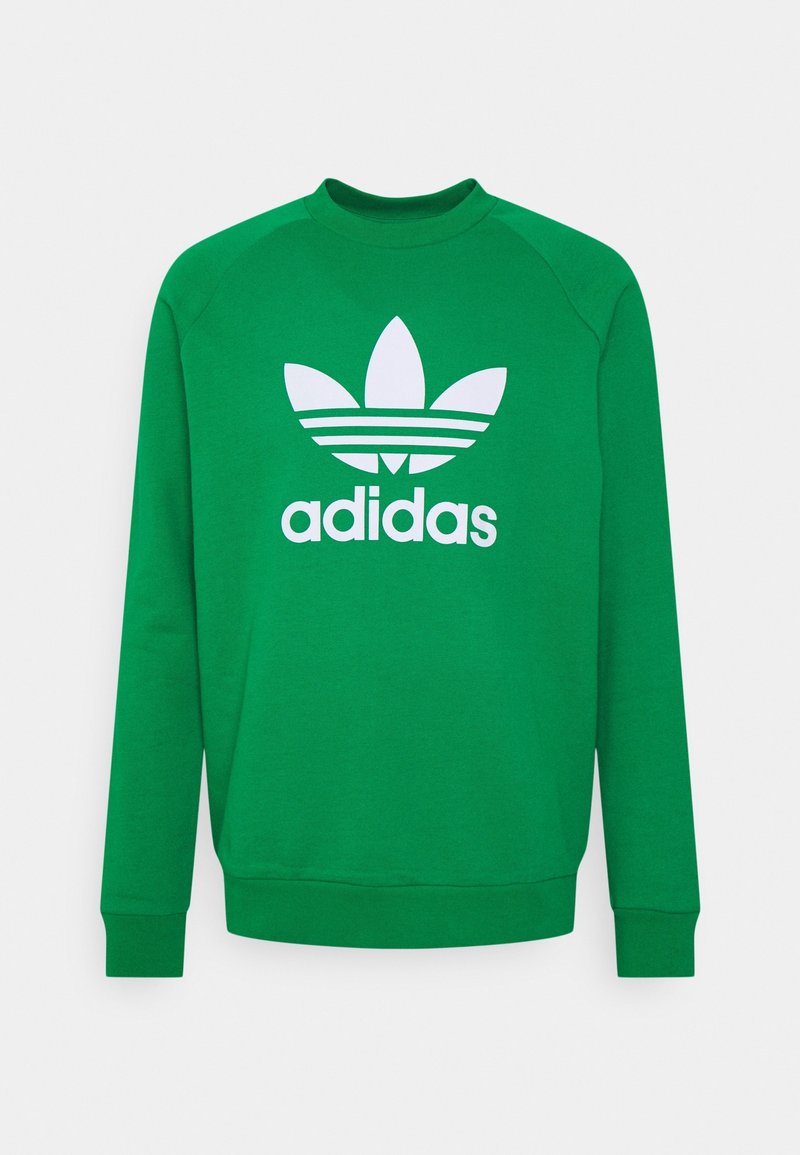 Grön crew neck sweatshirt i tyg, med en vit Adidas-logotyp och tre vita ränder, samt ribbade mudd och nederkant.