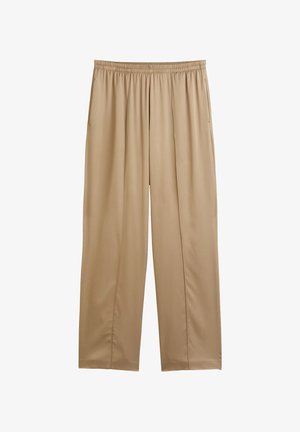 Beżowe spodnie z szerokimi nogawkami wykonane z gładkiego materiału, z elastycznym pasem i dwiema bocznymi kieszeniami. Konstrukcja ma luźny krój.