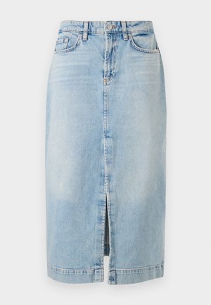 Light blue denim skirt with a front slit, two front pockets, belt loops, and contrasting stitching. Straight cut with a mid-length design.
