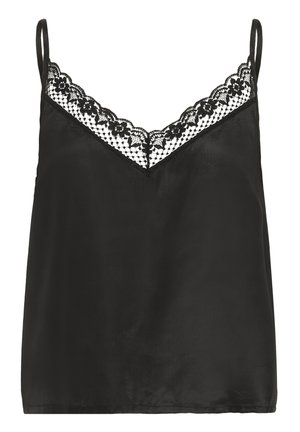 Črna satenasta kamica z tankimi naramnicami, ki ima čipkast rob ob V-izrezu in cvetlični vzorec na tkanini.