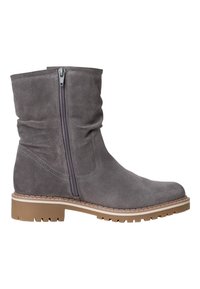 Botte mi-mollet en suède gris avec fermeture éclair latérale, bout arrondi, semelle robuste marron clair et surpiqûres, présentée de profil sur fond blanc.