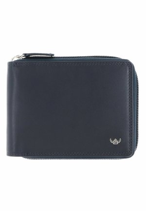 Portefeuille compact en cuir noir avec fermeture éclair sur tout le tour et petit logo de marque argenté en bas à droite sur le devant.