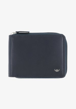 Portefeuille compact en cuir noir avec fermeture éclair sur tout le tour et petit logo de marque argenté en bas à droite sur le devant.