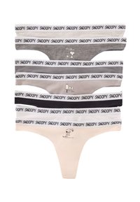 Pięć par bawełnianych majtek w kolorach szarym, czarnym i beżowym, z logo "Snoopy" oraz rysunkowymi akcentami na gumkach i tkaninie.