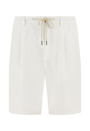 Witte knielange shorts met broeklussen en een beige trekkoord in de taille, vooraanzicht tegen een effen achtergrond.