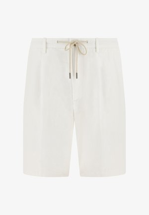 Witte knielange shorts met broeklussen en een beige trekkoord in de taille, vooraanzicht tegen een effen achtergrond.