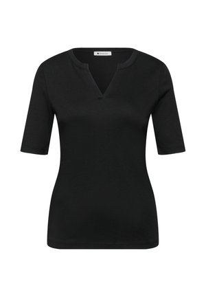 Zwart, nauwsluitend topje voor dames met korte mouwen, voorzien van een kleine V-hals en een afgeronde halslijn, gemaakt van gladde stof.