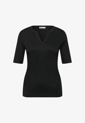 Sort kortærmet tætsiddende top til kvinder med en lille V-udskæring og rund hals, lavet af glat stof.