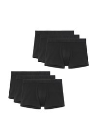 Černé bavlněné boxerky s hladkou texturou a elastickým pasem, na kterém je tónové logo značky. Sada čtyř párů.
